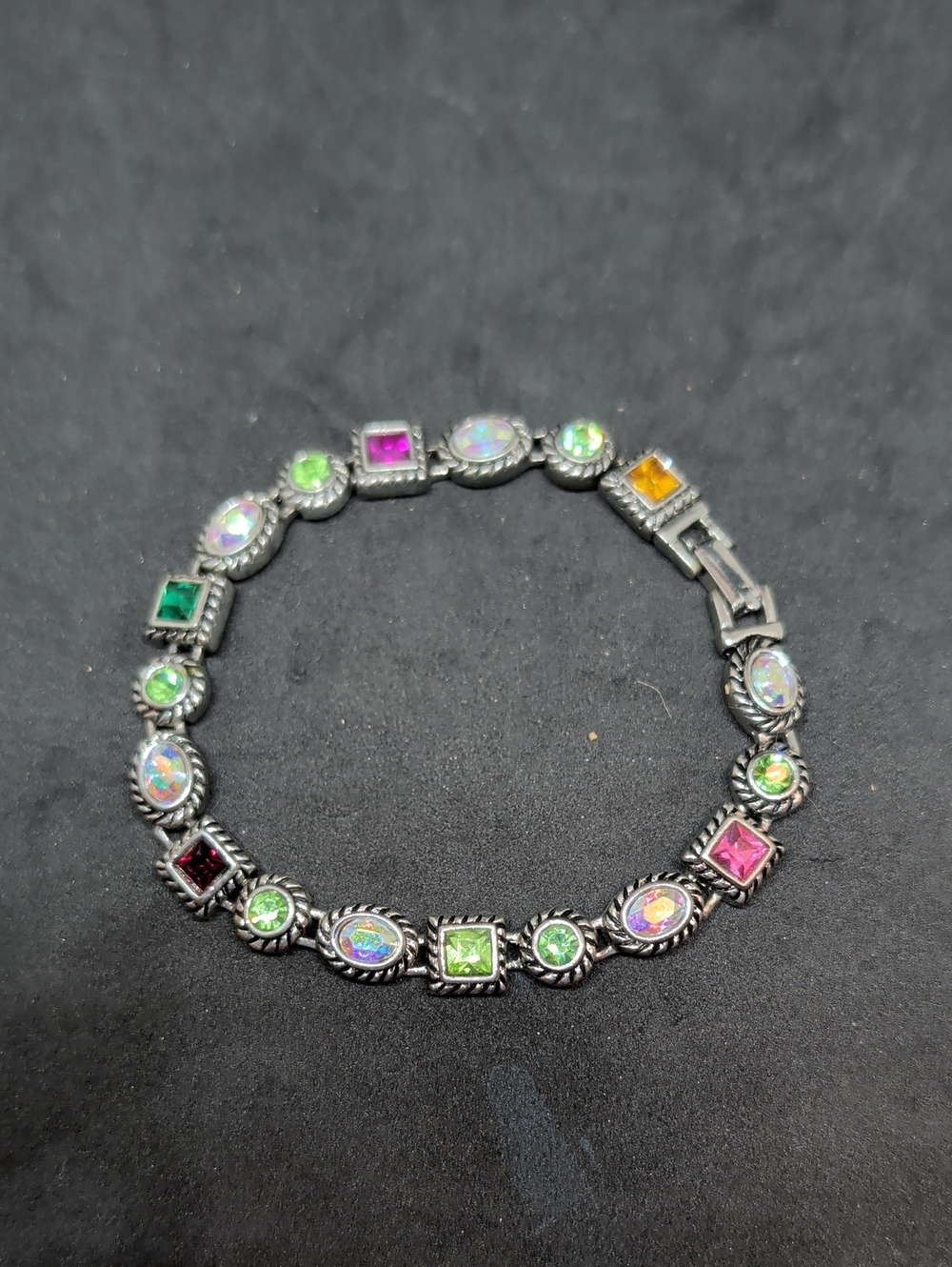 Vintage Parklane Mulit-colored Faux Gemstone Silver-Tone Tennis Bracelet - Picture 2 of 6
